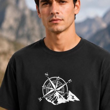 Erkek Outdoor Pusula Dağ Baskılı Kısa Kollu Oversize T-Shirt - Siyah