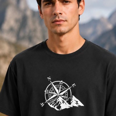 Erkek Outdoor Pusula Dağ Baskılı Kısa Kollu Oversize T-Shirt - Siyah