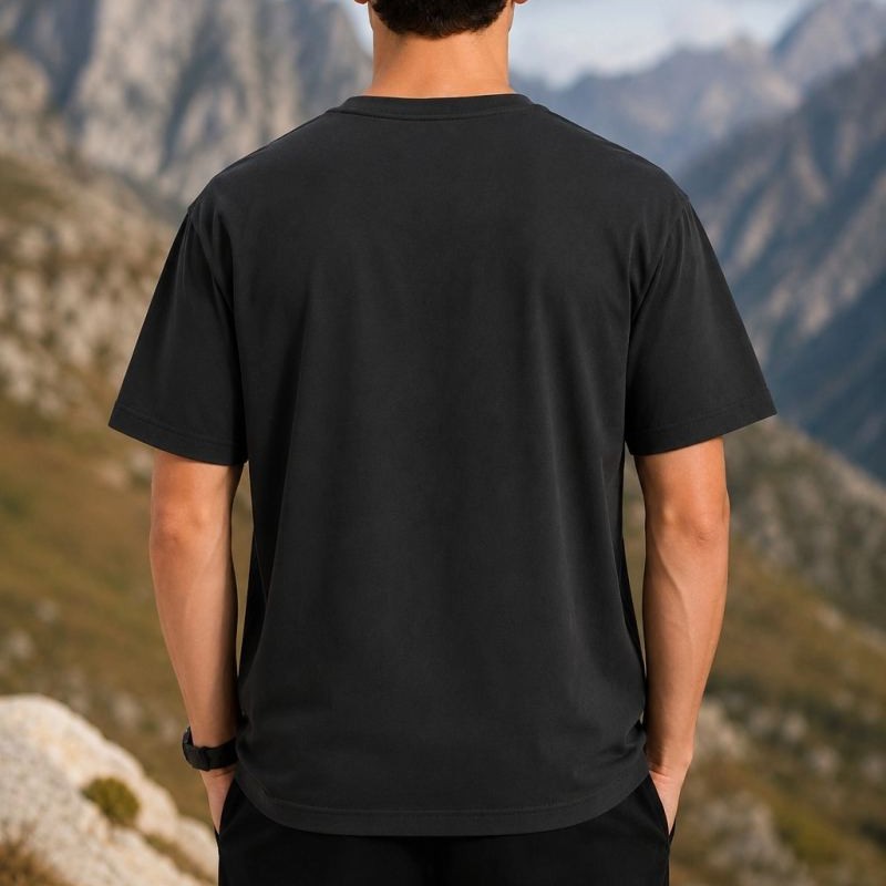 Erkek Outdoor Pusula Dağ Baskılı Kısa Kollu Oversize T-Shirt - Siyah