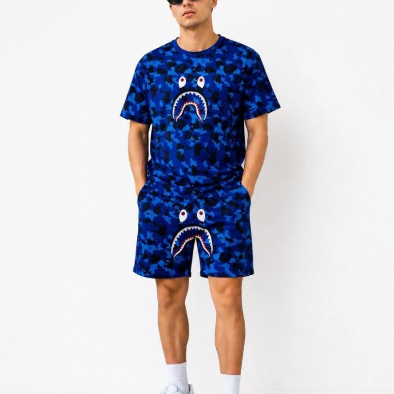 Erkek Oversize Kalıp Pubg Bape X Shark Nakışlı Cepli Şort Takım - Mavi Erkek Oversize Kalıp Pubg Bape X Shark Nakışlı Cepli Şort Takım - Mavi
