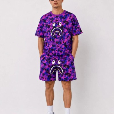 Erkek Oversize Kalıp Pubg Bape X Shark Nakışlı Cepli Şort Takım - Mor Erkek Oversize Kalıp Pubg Bape X Shark Nakışlı Cepli Şort Takım - Mor