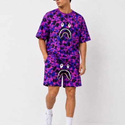 Erkek Oversize Kalıp Pubg Bape X Shark Nakışlı Cepli Şort Takım - Mor Erkek Oversize Kalıp Pubg Bape X Shark Nakışlı Cepli Şort Takım - Mor