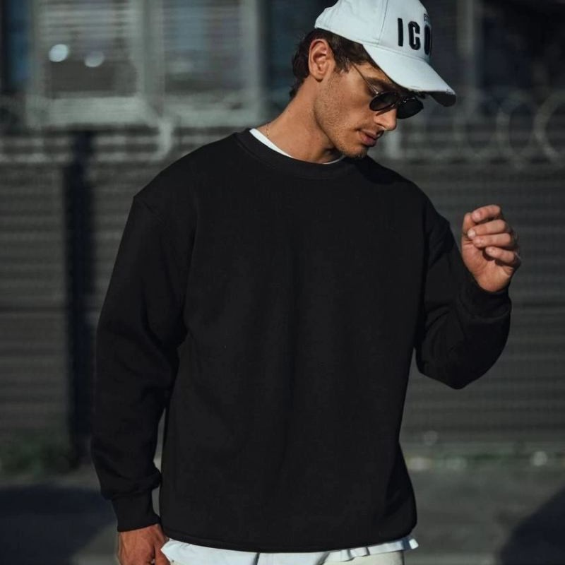 Erkek pamuklu Bisiklet Yaka 3 İplik Basic SweatShirt - Siyah Erkek pamuklu Bisiklet Yaka 3 İplik Basic SweatShirt - Siyah