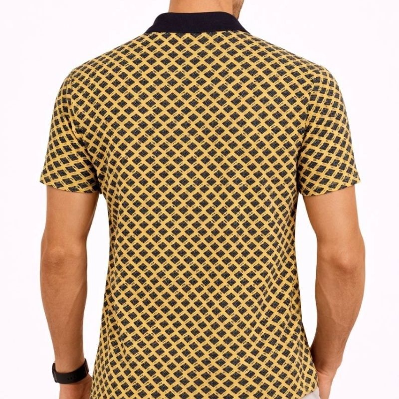Erkek Pike Kumaş Polo Yaka Desenli Tişört Kısa Kol Yazlık T-Shirt - Sarı