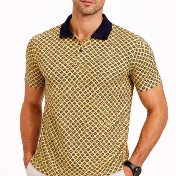 Erkek Pike Kumaş Polo Yaka Desenli Tişört Kısa Kol Yazlık T-Shirt - Sarı