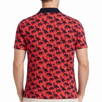 Erkek Pike Kumaş Polo Yaka Palmiye Desenli Tişört Kısa Kol Yazlık T-Shirt - Kırmızı