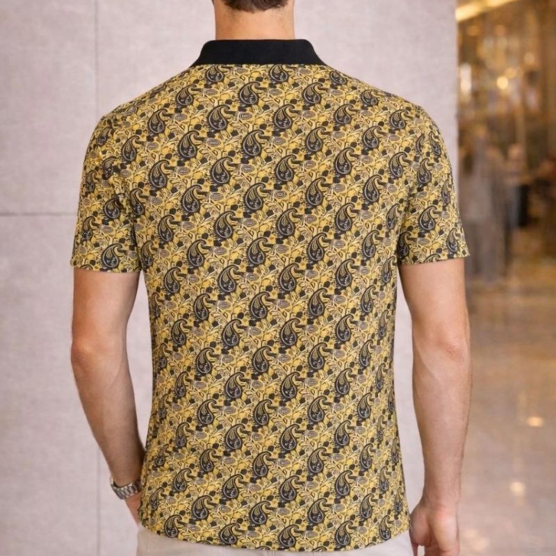 Erkek Pike Kumaş Polo Yaka Palmiye Desenli Tişört Kısa Kol Yazlık T-Shirt - Sarı