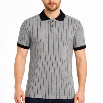 Erkek Polo Yaka Çizgili Tişört Kısa Kol Düğmeli Yazlık T-Shirt - Gri Erkek Polo Yaka Çizgili Tişört Kısa Kol Düğmeli Yazlık T-Shirt - Gri