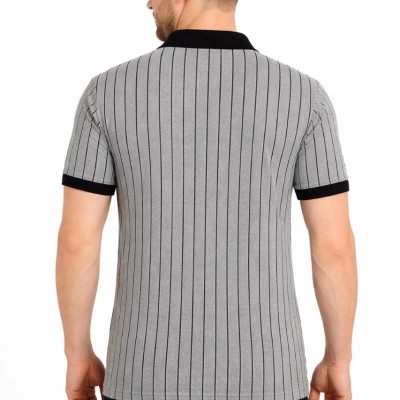 Erkek Polo Yaka Çizgili Tişört Kısa Kol Düğmeli Yazlık T-Shirt - Gri