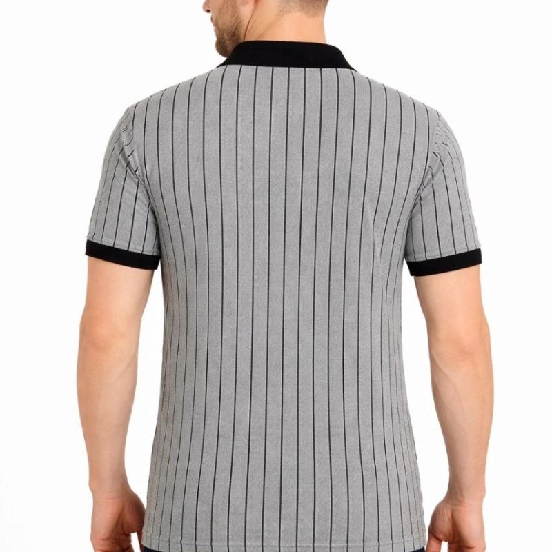 Erkek Polo Yaka Çizgili Tişört Kısa Kol Düğmeli Yazlık T-Shirt - Gri