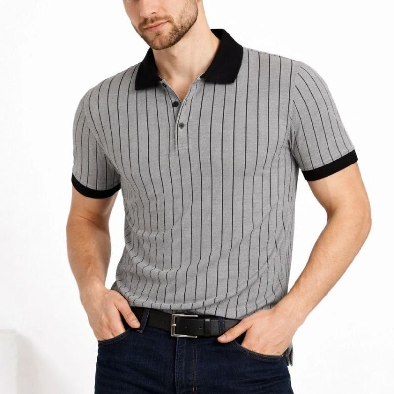 Erkek Polo Yaka Çizgili Tişört Kısa Kol Düğmeli Yazlık T-Shirt - Gri