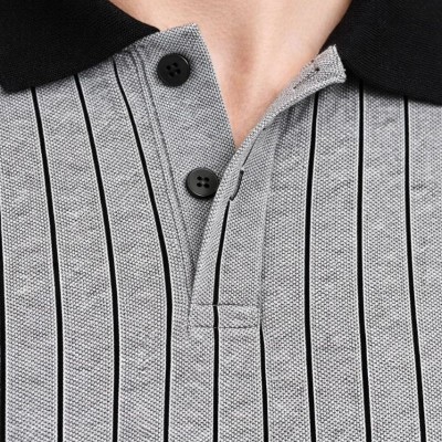 Erkek Polo Yaka Çizgili Tişört Kısa Kol Düğmeli Yazlık T-Shirt - Gri