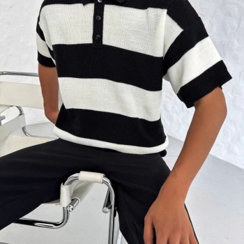 Erkek Polo Yaka Düğmeli Triko T-Shirt - Siyah