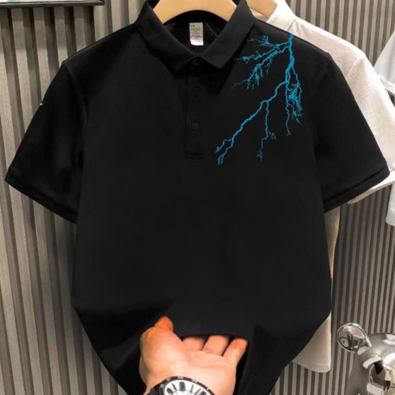 Erkek Polo Yaka Tişört Düğmeli Yıldırım Baskılı Pike T-Shirt - Siyah Erkek Polo Yaka Tişört Düğmeli Yıldırım Baskılı Pike T-Shirt - Siyah