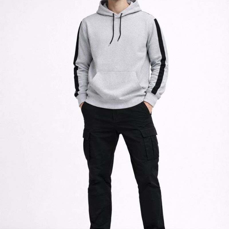 Erkek Şeritli Kapüşonlu Oversize Sweatshirt 3 iplik Pamuklu hoodie - Beyaz