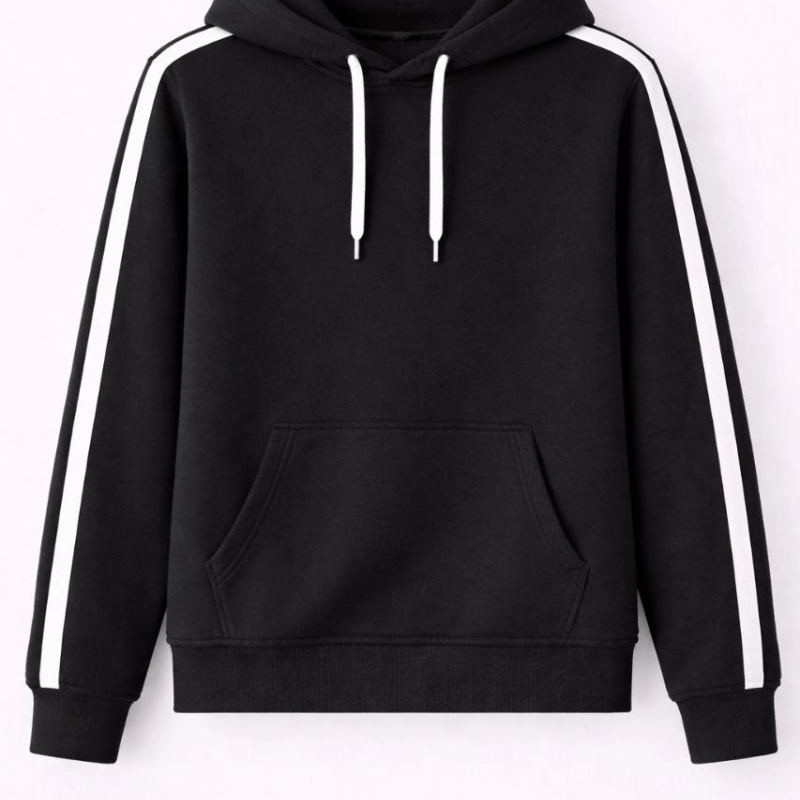 Erkek Şeritli Kapüşonlu Sweatshirt Oversize 3 iplik Pamuklu Hoodei - Siyah Erkek Şeritli Kapüşonlu Sweatshirt Oversize 3 iplik Pamuklu Hoodei - Siyah