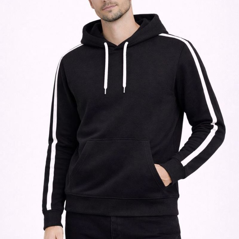 Erkek Şeritli Kapüşonlu Sweatshirt Oversize 3 iplik Pamuklu Hoodei - Siyah Erkek Şeritli Kapüşonlu Sweatshirt Oversize 3 iplik Pamuklu Hoodei - Siyah