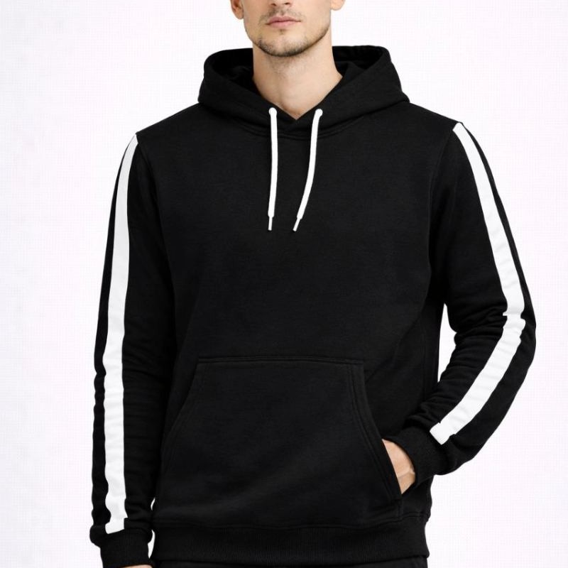 Erkek Şeritli Kapüşonlu Sweatshirt Oversize 3 iplik Pamuklu Hoodie - Siyah