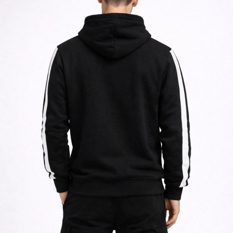 Erkek Şeritli Kapüşonlu Sweatshirt Oversize 3 iplik Pamuklu Hoodie - Siyah