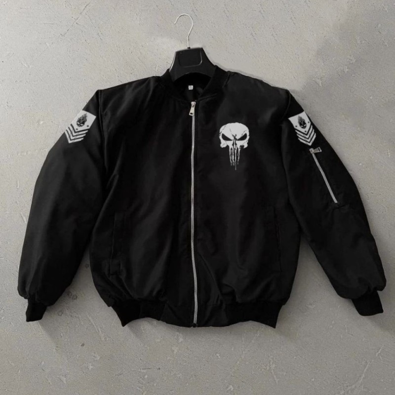 ERKEK Siyah Askeri Tarz Bomber Mont Punisher Skull Detaylı Fermuarlı Cepli - Siyah ERKEK Siyah Askeri Tarz Bomber Mont Punisher Skull Detaylı Fermuarlı Cepli - Siyah