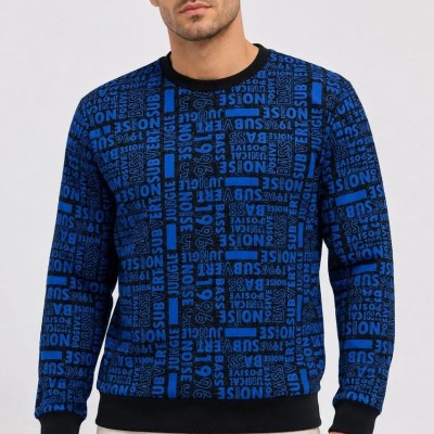 Erkek Siyah Mavi Yazı Desenli İki İplik Şardonlu Sweatshirt Erkek Siyah Mavi Yazı Desenli İki İplik Şardonlu Sweatshirt