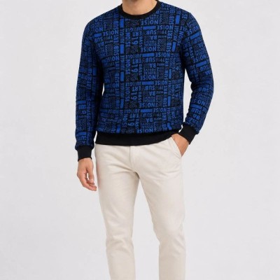 Erkek Siyah Mavi Yazı Desenli İki İplik Şardonlu Sweatshirt Erkek Siyah Mavi Yazı Desenli İki İplik Şardonlu Sweatshirt