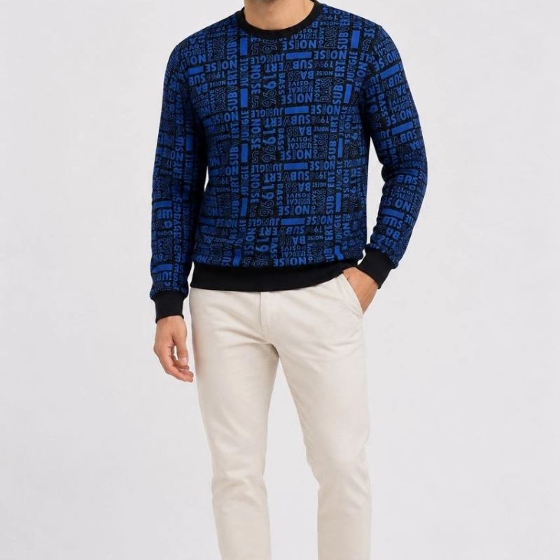 Erkek Siyah Mavi Yazı Desenli İki İplik Şardonlu Sweatshirt Erkek Siyah Mavi Yazı Desenli İki İplik Şardonlu Sweatshirt