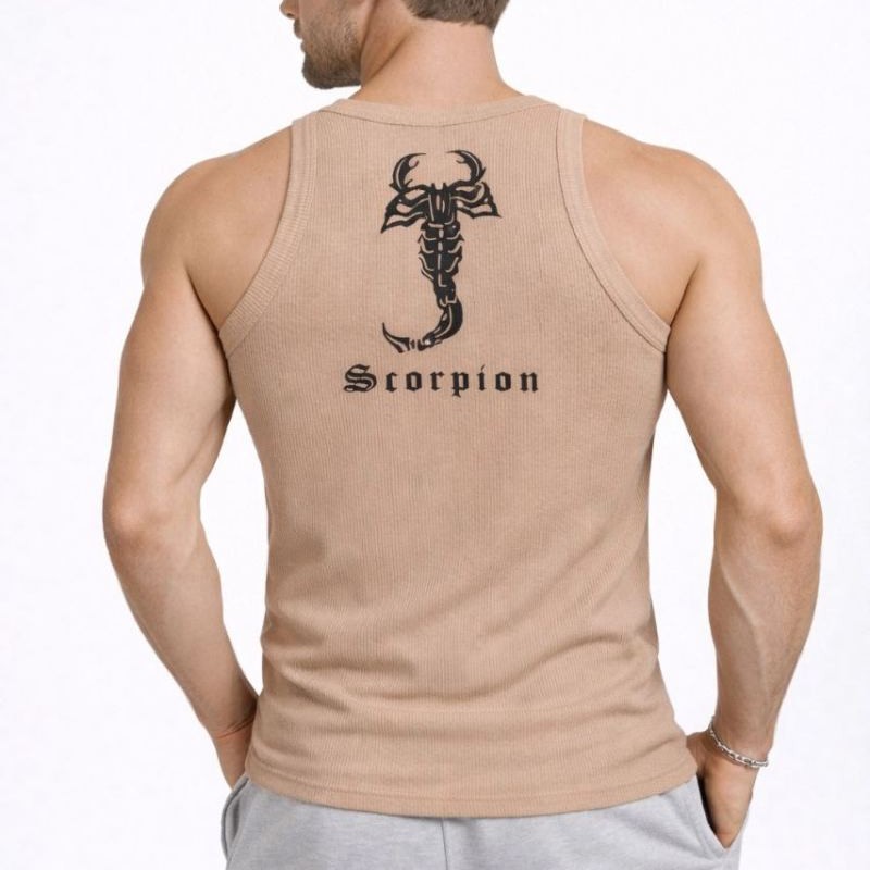 Erkek Spor Slimfit Fitilli Kaşkorse Arka Basklı Atlet 2'li Set Kahverengi-Beyaz Erkek Spor Slimfit Fitilli Kaşkorse Arka Basklı Atlet 2'li Set Kahverengi-Beyaz