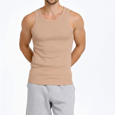 Erkek Spor Slimfit Fitilli Kaşkorse Arka Basklı Atlet 2'li Set Kahverengi-Beyaz Erkek Spor Slimfit Fitilli Kaşkorse Arka Basklı Atlet 2'li Set Kahverengi-Beyaz