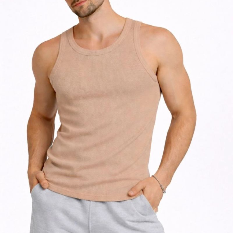 Erkek Spor Slimfit Fitilli Kaşkorse Arka Basklı Atlet 2'li Set Kahverengi-Beyaz Erkek Spor Slimfit Fitilli Kaşkorse Arka Basklı Atlet 2'li Set Kahverengi-Beyaz