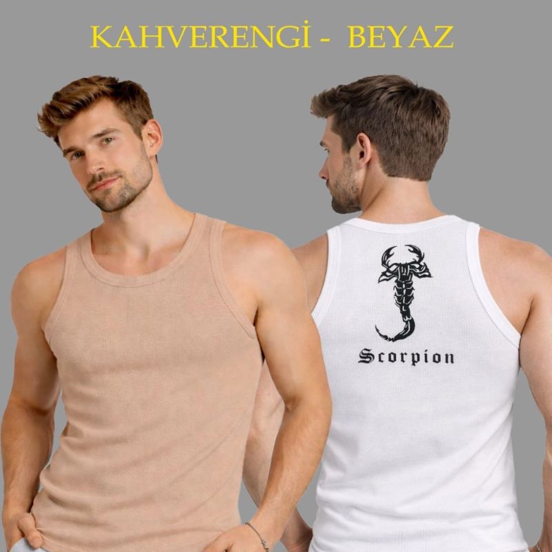 Erkek Spor Slimfit Fitilli Kaşkorse Arka Basklı Atlet 2'li Set Kahverengi-Beyaz Erkek Spor Slimfit Fitilli Kaşkorse Arka Basklı Atlet 2'li Set Kahverengi-Beyaz