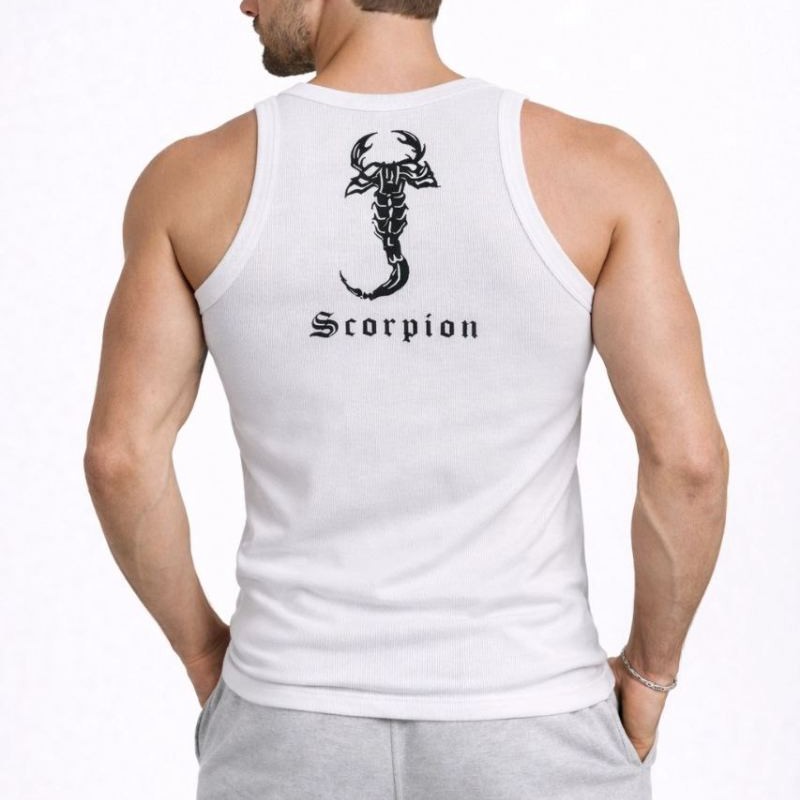 Erkek Spor Slimfit Fitilli Kaşkorse Arka Basklı Atlet 2'li Set Siyah-Beyaz