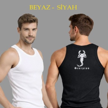 Erkek Spor Slimfit Fitilli Kaşkorse Arka Basklı Atlet 2'li Set Siyah-Beyaz