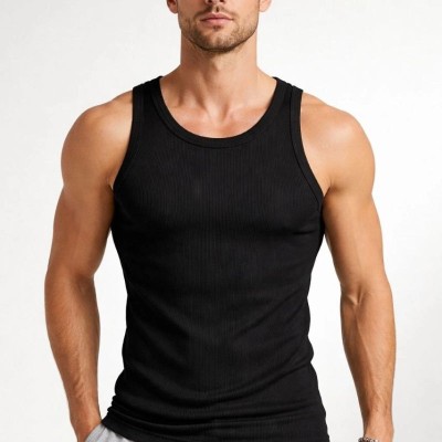 Erkek Spor Slimfit Fitilli Kaşkorse Arka Basklı Atlet 2'li Set Siyah-Beyaz