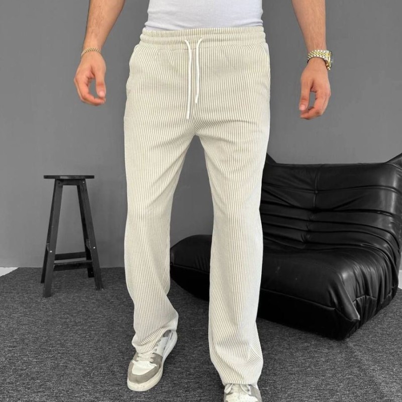 Erkek Su Yolu Çizgili Cepli Pantalon  - Bej