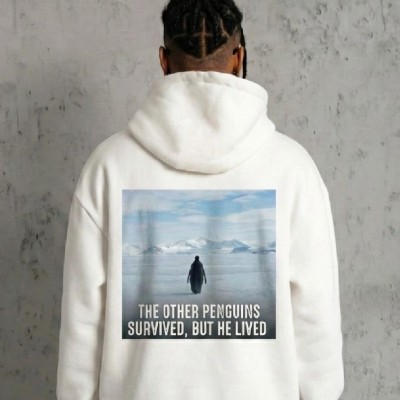 Erkek Survivor Penguin Baskılı 3 İplik Pamuklu Kapüşonlu Sweatshirt Hoodie Beyaz Erkek Survivor Penguin Baskılı 3 İplik Pamuklu Kapüşonlu Sweatshirt Hoodie Beyaz
