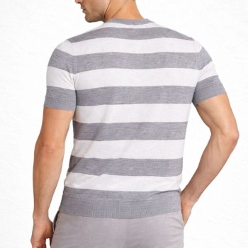 Erkek T-shirt Çizgili Kısa Kol Yazlık Triko Dokuma Bisiklet Yaka Tişört - Gri Erkek T-shirt Çizgili Kısa Kol Yazlık Triko Dokuma Bisiklet Yaka Tişört - Gri