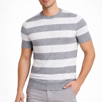 Erkek T-shirt Çizgili Kısa Kol Yazlık Triko Dokuma Bisiklet Yaka Tişört - Gri Erkek T-shirt Çizgili Kısa Kol Yazlık Triko Dokuma Bisiklet Yaka Tişört - Gri