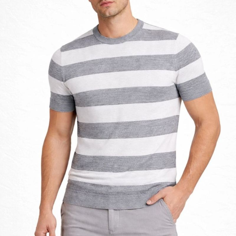 Erkek T-shirt Çizgili Kısa Kol Yazlık Triko Dokuma Bisiklet Yaka Tişört - Gri Erkek T-shirt Çizgili Kısa Kol Yazlık Triko Dokuma Bisiklet Yaka Tişört - Gri