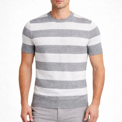 Erkek T-shirt Çizgili Kısa Kol Yazlık Triko Dokuma Bisiklet Yaka Tişört - Gri Erkek T-shirt Çizgili Kısa Kol Yazlık Triko Dokuma Bisiklet Yaka Tişört - Gri