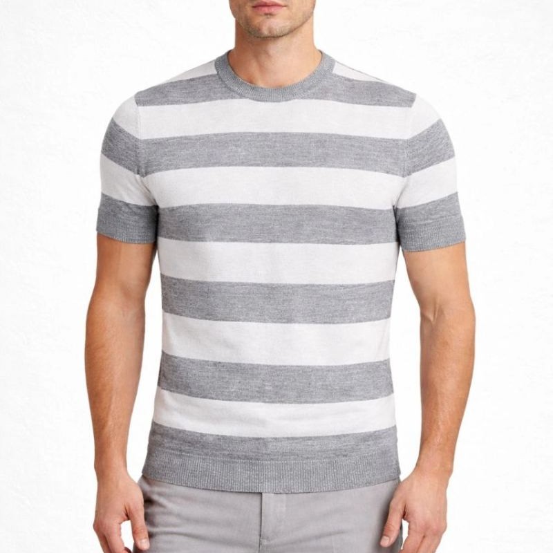 Erkek T-shirt Çizgili Kısa Kol Yazlık Triko Dokuma Bisiklet Yaka Tişört - Gri Erkek T-shirt Çizgili Kısa Kol Yazlık Triko Dokuma Bisiklet Yaka Tişört - Gri