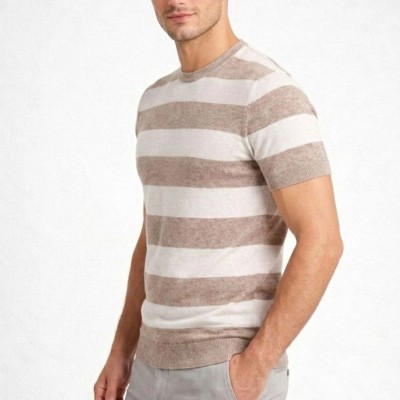Erkek T-shirt Çizgili Triko Kısa Kol Yazlık Dokuma Bisiklet Yaka Tişört - Bej Erkek T-shirt Çizgili Triko Kısa Kol Yazlık Dokuma Bisiklet Yaka Tişört - Bej