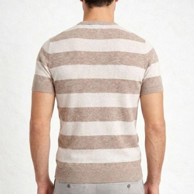 Erkek T-shirt Çizgili Triko Kısa Kol Yazlık Dokuma Bisiklet Yaka Tişört - Bej Erkek T-shirt Çizgili Triko Kısa Kol Yazlık Dokuma Bisiklet Yaka Tişört - Bej