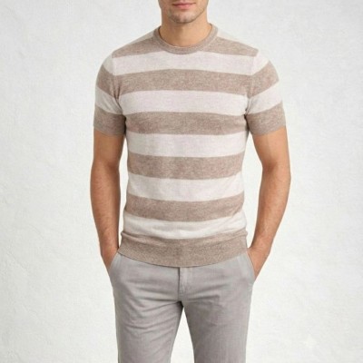 Erkek T-shirt Çizgili Triko Kısa Kol Yazlık Dokuma Bisiklet Yaka Tişört - Bej Erkek T-shirt Çizgili Triko Kısa Kol Yazlık Dokuma Bisiklet Yaka Tişört - Bej