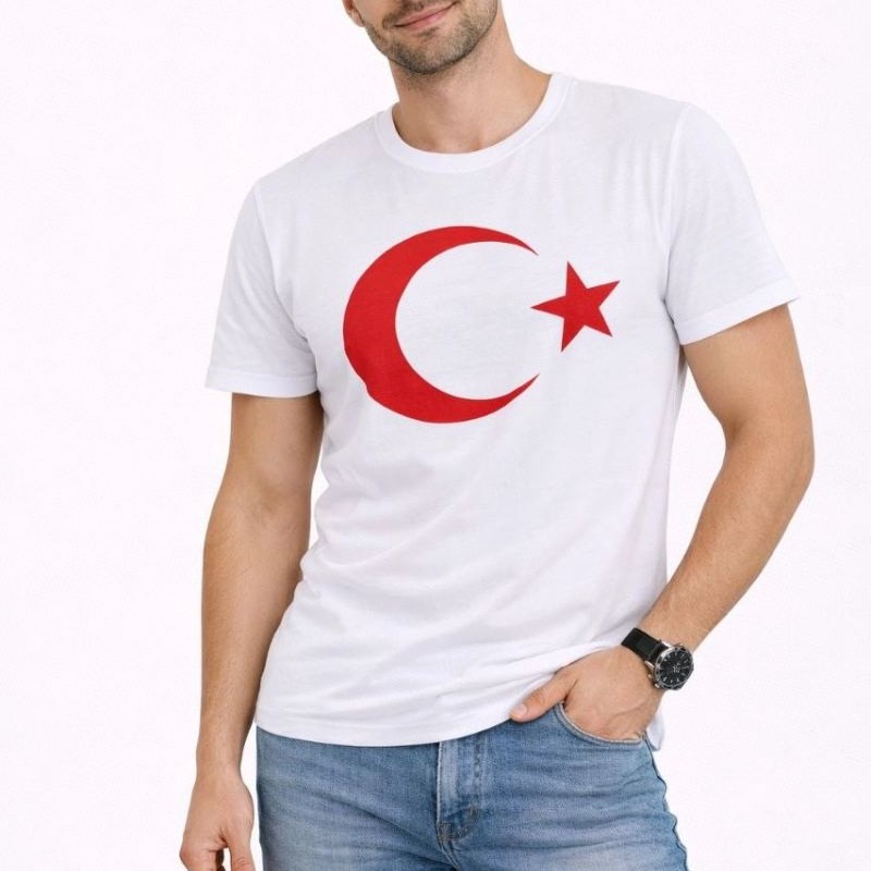 Erkek T-Shirt Kısa Kol Bisiklet Yaka Ay Yıldız Bayrak Baskılı Tişört - Beyaz Erkek T-Shirt Kısa Kol Bisiklet Yaka Ay Yıldız Bayrak Baskılı Tişört - Beyaz