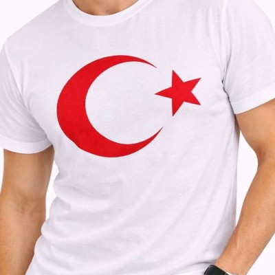 Erkek T-Shirt Kısa Kol Bisiklet Yaka Ay Yıldız Bayrak Baskılı Tişört - Beyaz Erkek T-Shirt Kısa Kol Bisiklet Yaka Ay Yıldız Bayrak Baskılı Tişört - Beyaz