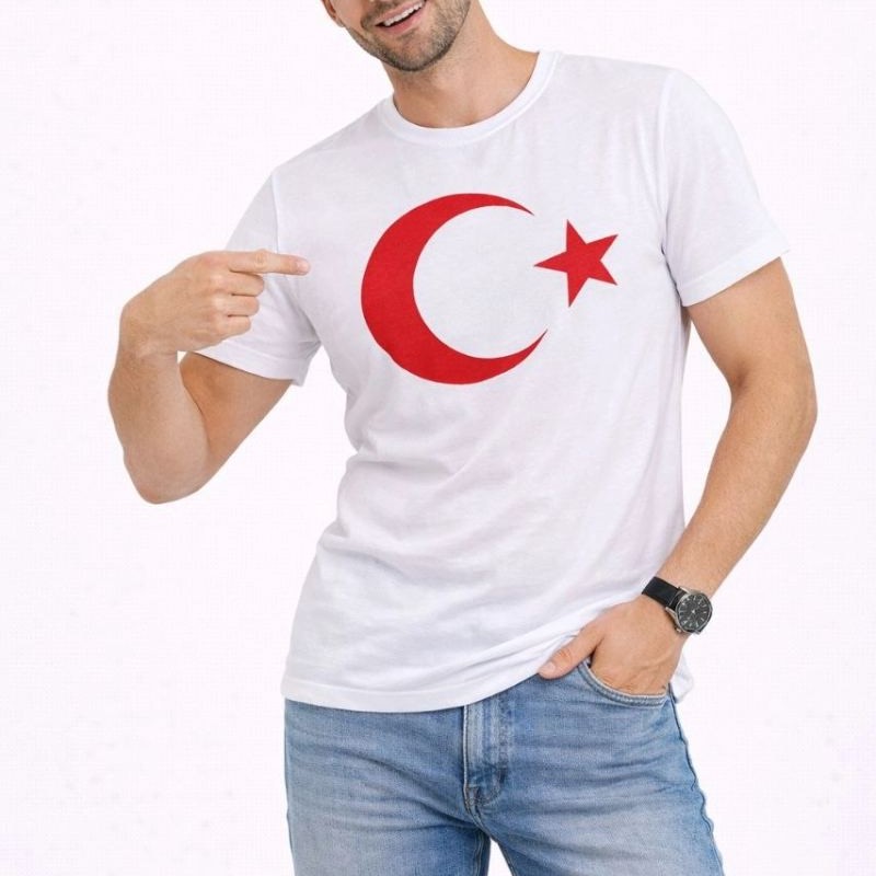 Erkek T-Shirt Kısa Kol Bisiklet Yaka Ay Yıldız Bayrak Baskılı Tişört - Beyaz Erkek T-Shirt Kısa Kol Bisiklet Yaka Ay Yıldız Bayrak Baskılı Tişört - Beyaz