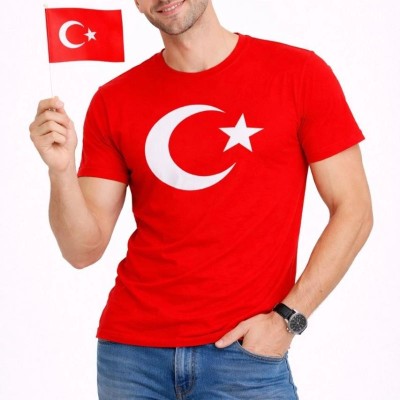 Erkek T-Shirt Kısa Kol Bisiklet Yaka Ay Yıldız Bayrak Baskılı Tişört - Kırmızı Erkek T-Shirt Kısa Kol Bisiklet Yaka Ay Yıldız Bayrak Baskılı Tişört - Kırmızı