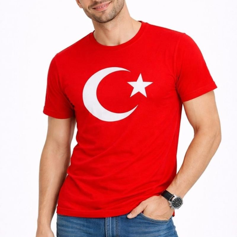 Erkek T-Shirt Kısa Kol Bisiklet Yaka Ay Yıldız Bayrak Baskılı Tişört - Kırmızı Erkek T-Shirt Kısa Kol Bisiklet Yaka Ay Yıldız Bayrak Baskılı Tişört - Kırmızı