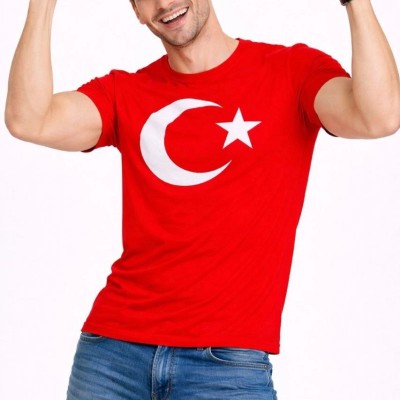 Erkek T-Shirt Kısa Kol Bisiklet Yaka Ay Yıldız Bayrak Baskılı Tişört - Kırmızı Erkek T-Shirt Kısa Kol Bisiklet Yaka Ay Yıldız Bayrak Baskılı Tişört - Kırmızı